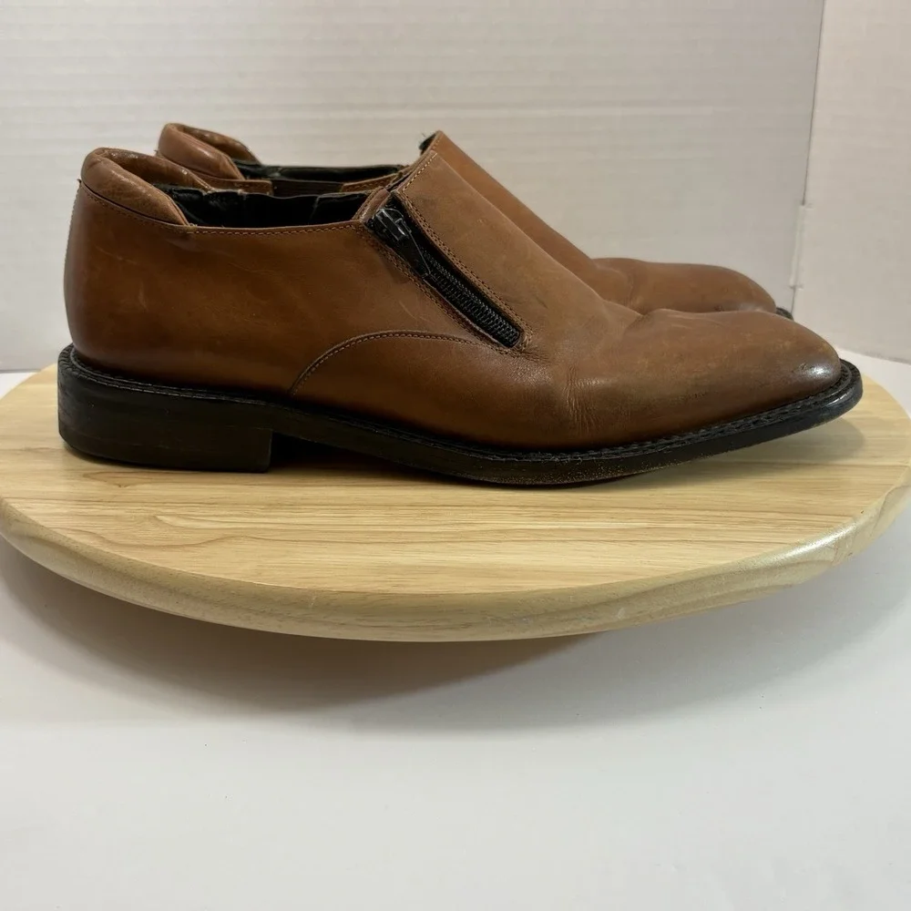 Mens Karl 120 Leather Zip Slip-On Dress Shoes Size 10 M Vibram Soles Tan Brown